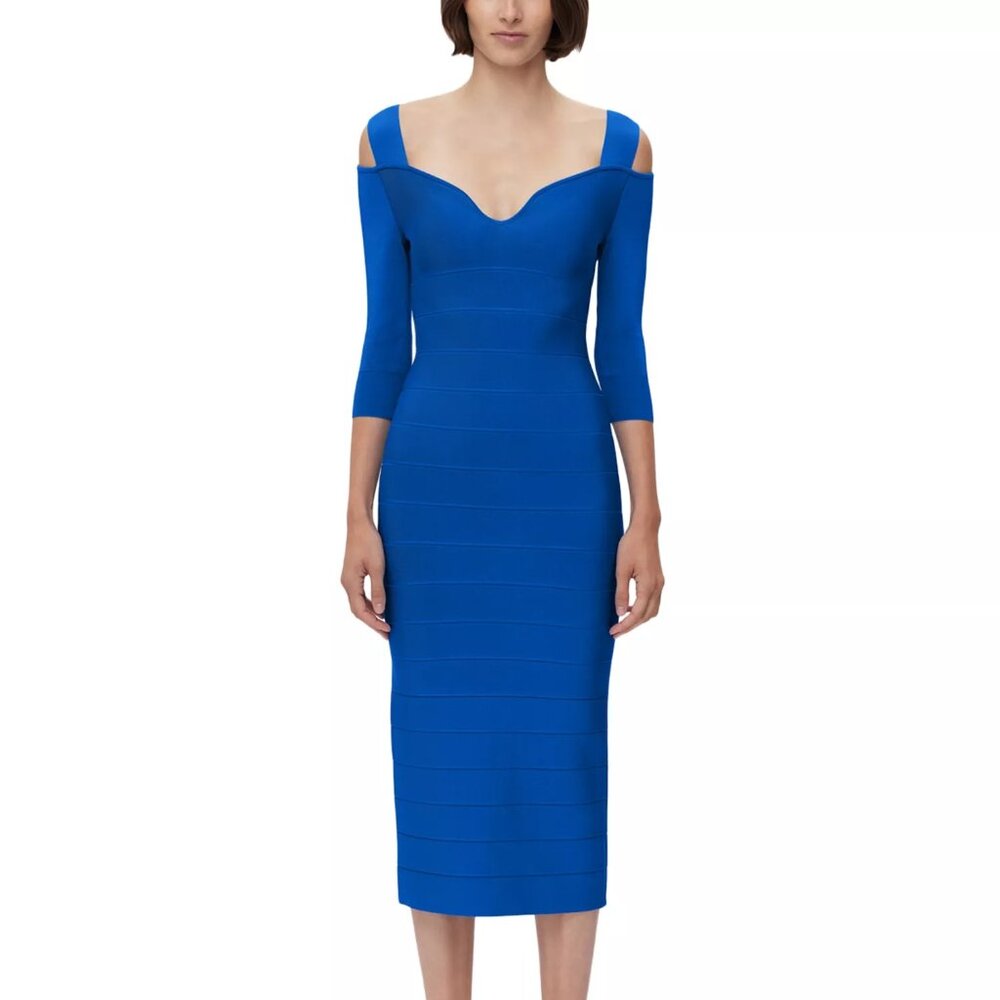 Herve Leger Notched Bateau Midi Dress in Bright Blue Size Small NWT